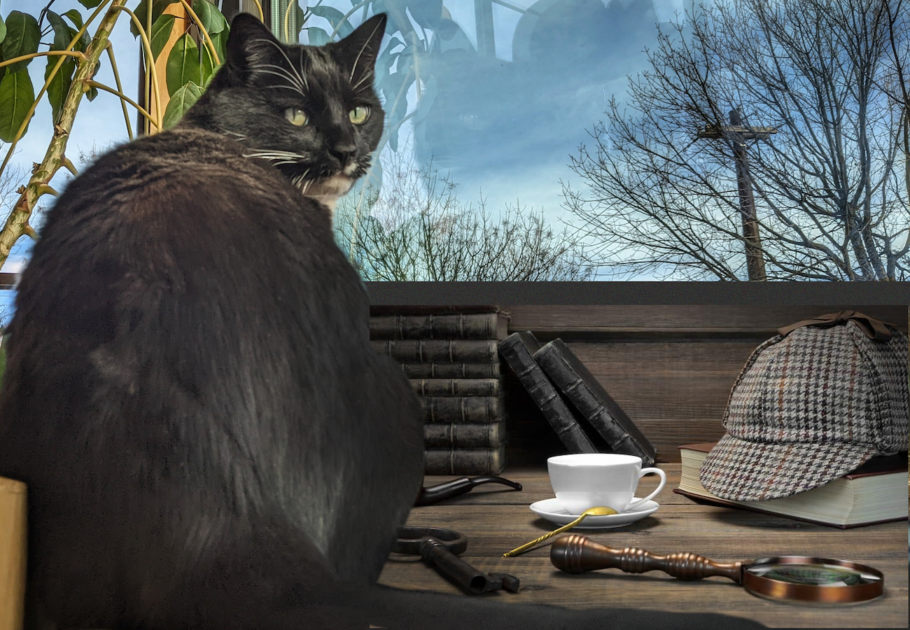 Cosmo has been photoshopped into a Sherlock Holmes scene: he's on top of a table surrounded by the classic Sherlock Holmes bowler hat, tea cup, and magnifying glass. The look on his face says, "Who, me?"