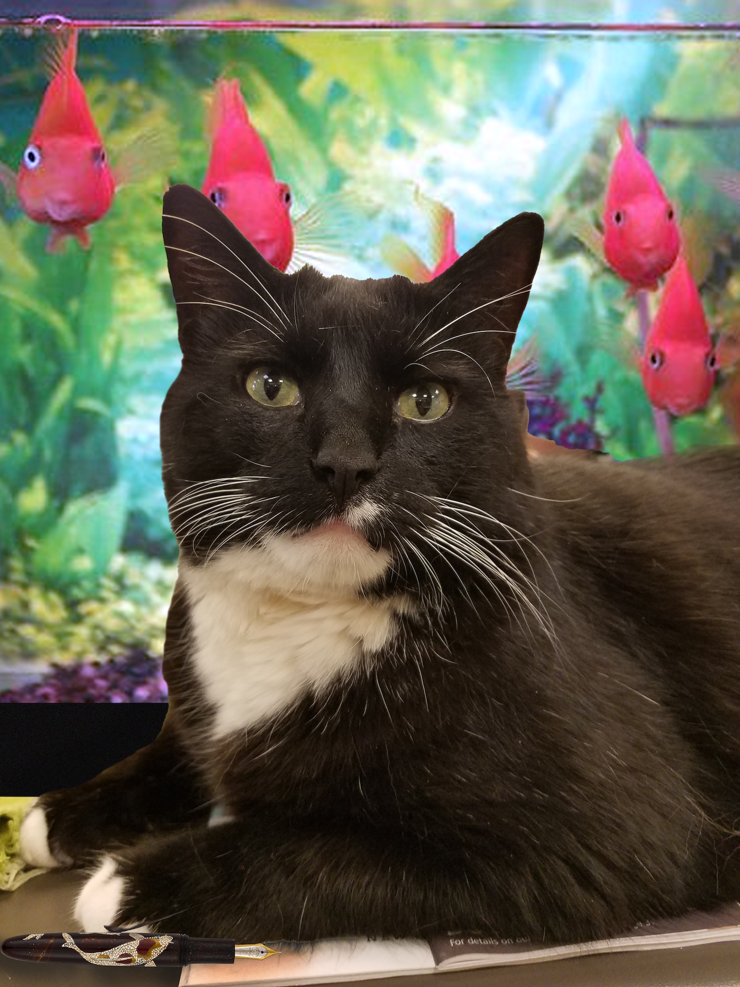 Cosmo is photoshopped in front of a fishtank full of bright pink fish.