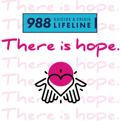 A graphic that says "988 Suicide and Crisis Lifeline" "There is hope"