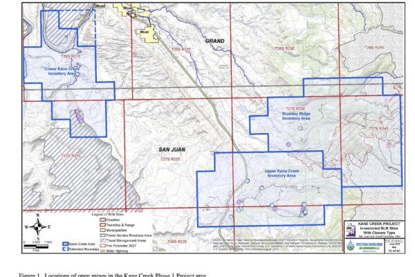 A map showing the locations of the mines in this project. They're in three areas: Lower Kane Creek Inventory Area; Upper Kane Creek Inventory Area; and the Brumley Ridge Inventory Area. All of the mines themselves are located in San Juan County.