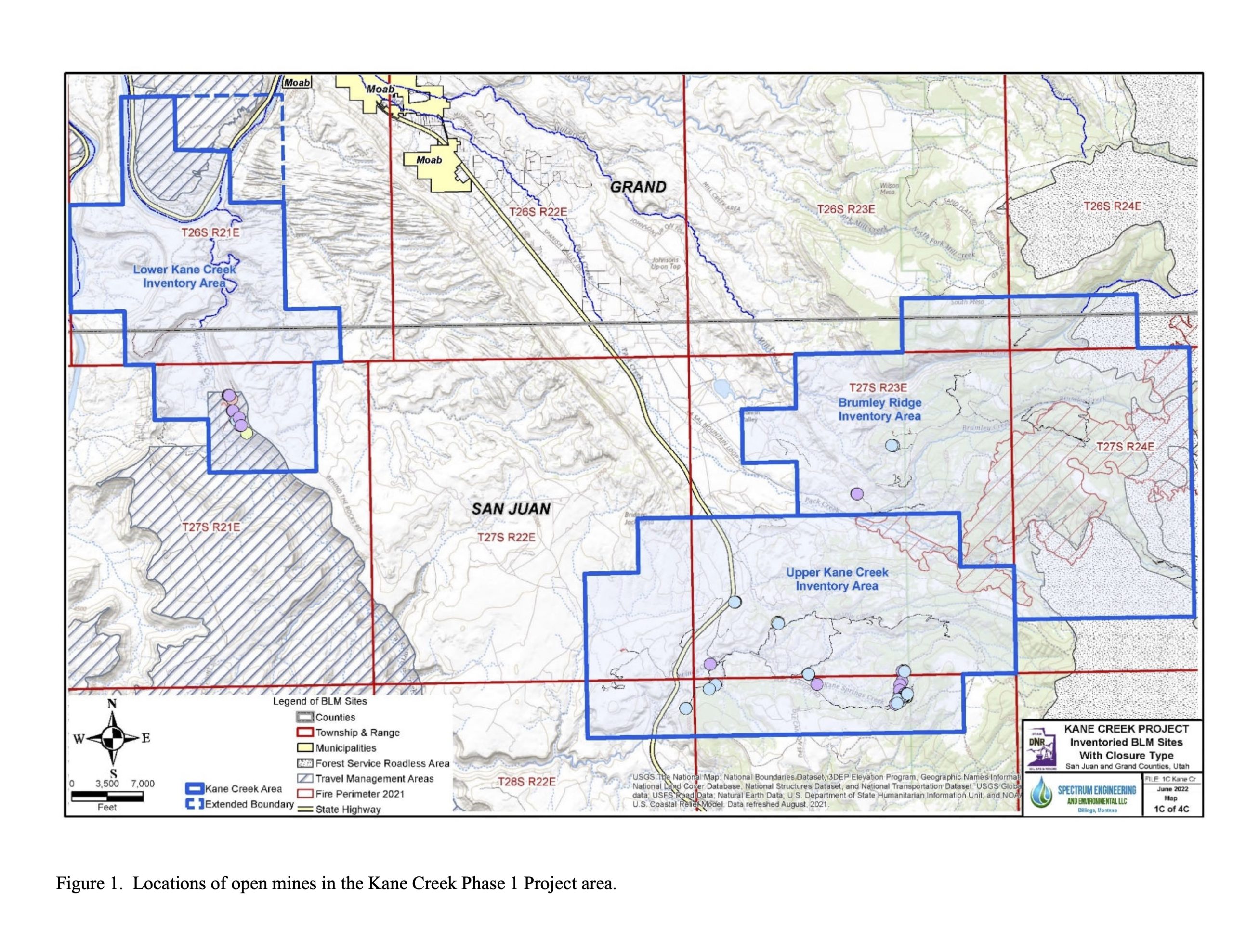 A map showing the locations of the mines in this project. They're in three areas: Lower Kane Creek Inventory Area; Upper Kane Creek Inventory Area; and the Brumley Ridge Inventory Area. All of the mines themselves are located in San Juan County.