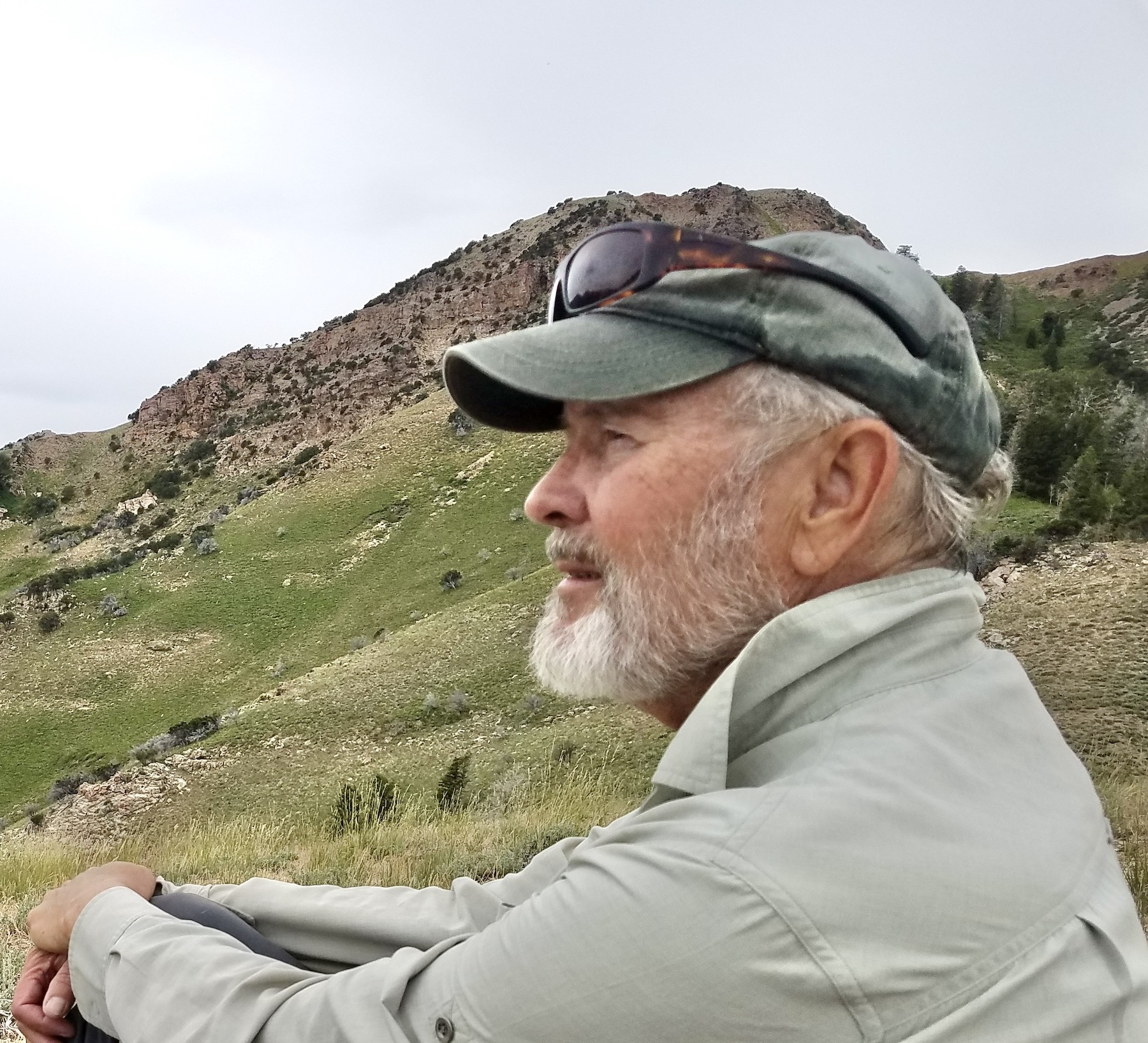 A close-cropped photo of Kirk Robinson looking out over a mountain landscape.