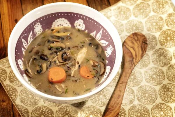 Pheasant Mushroom Soup in a bowl: it's a chunky soup, and looks extremely appetizing.