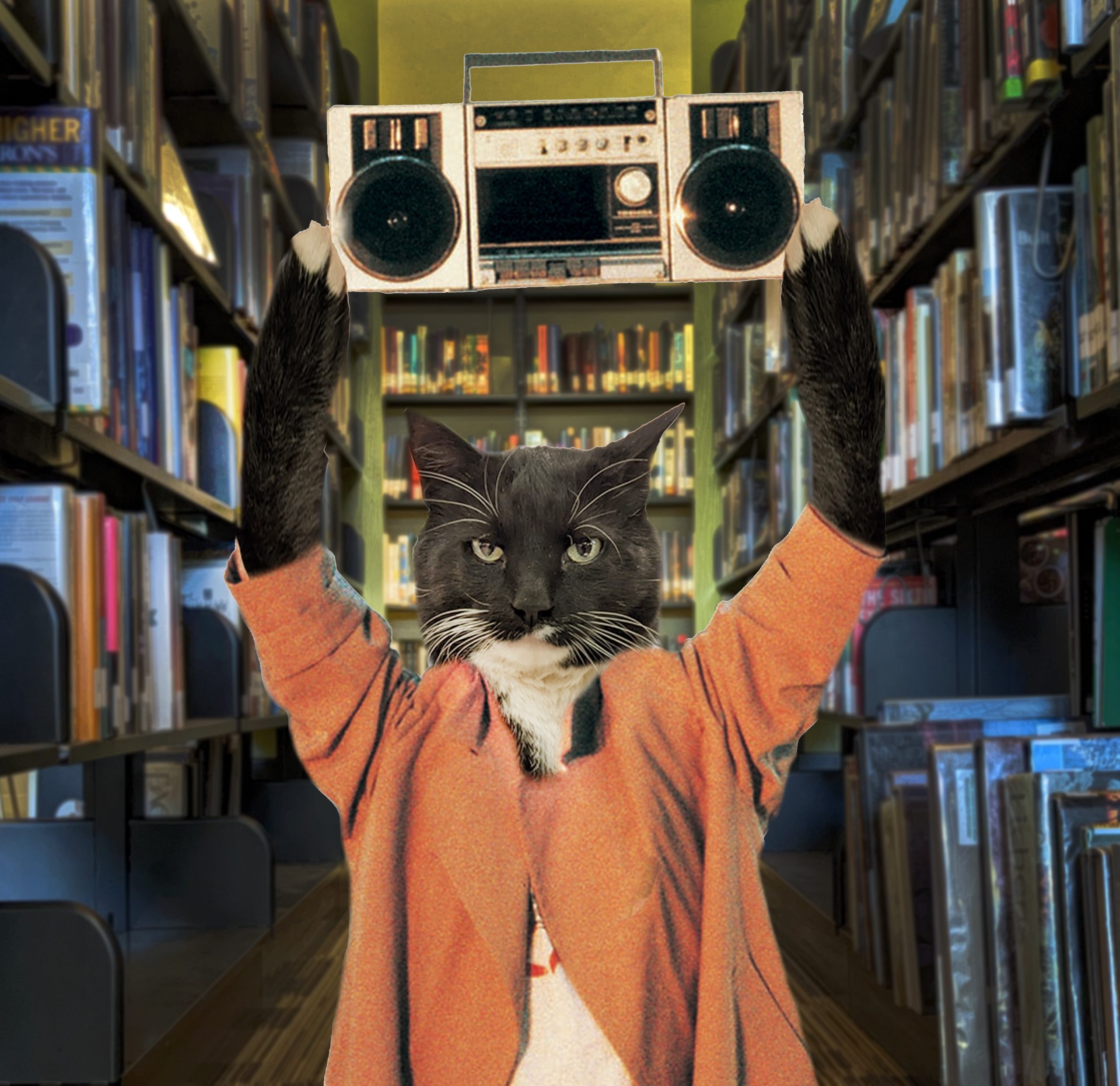 Cosmo photoshopped to look like John Cusack holding a boombox.