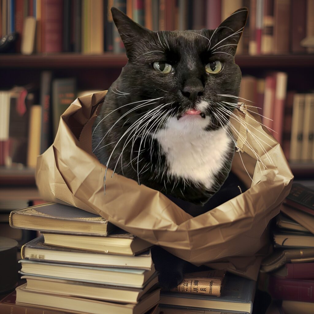 Black and white cat sitting in a paper bag on a stack of books in a library setting.