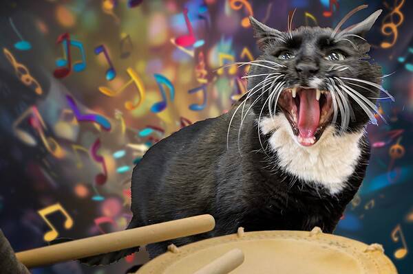 Cat playing drums with colorful musical notes in the background.