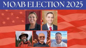 Candidates for Moab Election 2025 on an American flag backdrop.