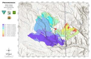 Map showing Deer Creek wildfire progression and containment levels as of July 22, 2025, in Utah and Colorado area.