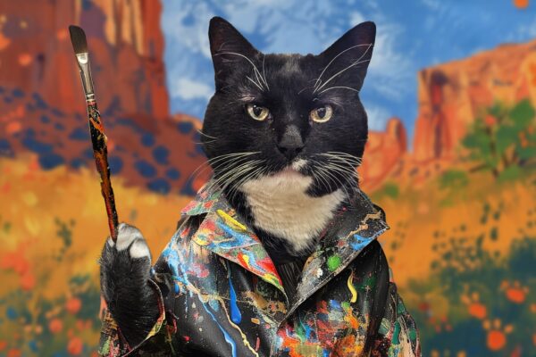 A tuxedo cat in a paint-splattered shirt holds a brush against a colorful desert background.