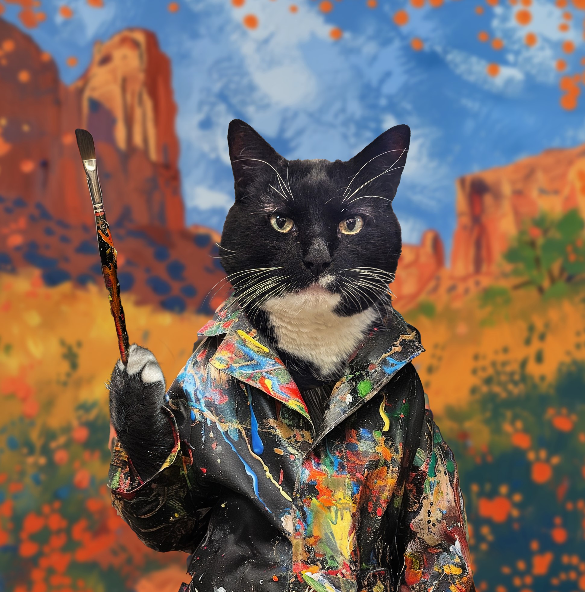 A tuxedo cat in a paint-splattered shirt holds a brush against a colorful desert background.