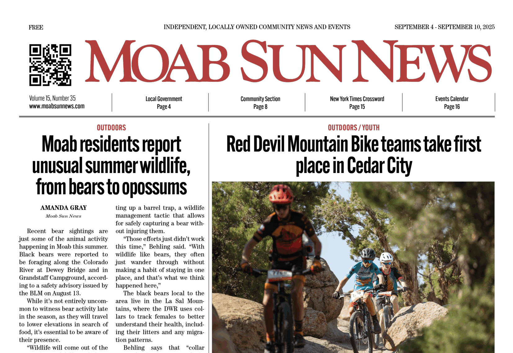 Cyclists navigate rocky trail in Moab, featured in Moab Sun News. Read more about local culture and events.