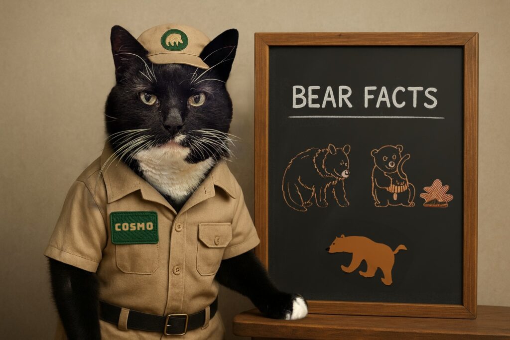 Cat dressed as a ranger giving a bear facts presentation with chalkboard illustrations.