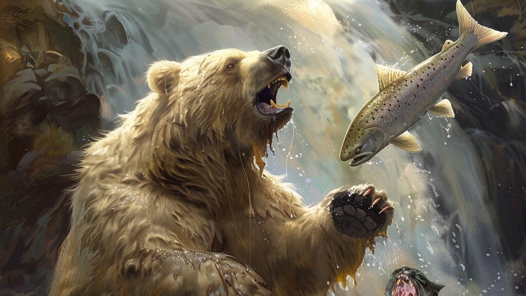 Bear and cat fishing beneath waterfall as salmon leaps, dramatic wildlife scene.