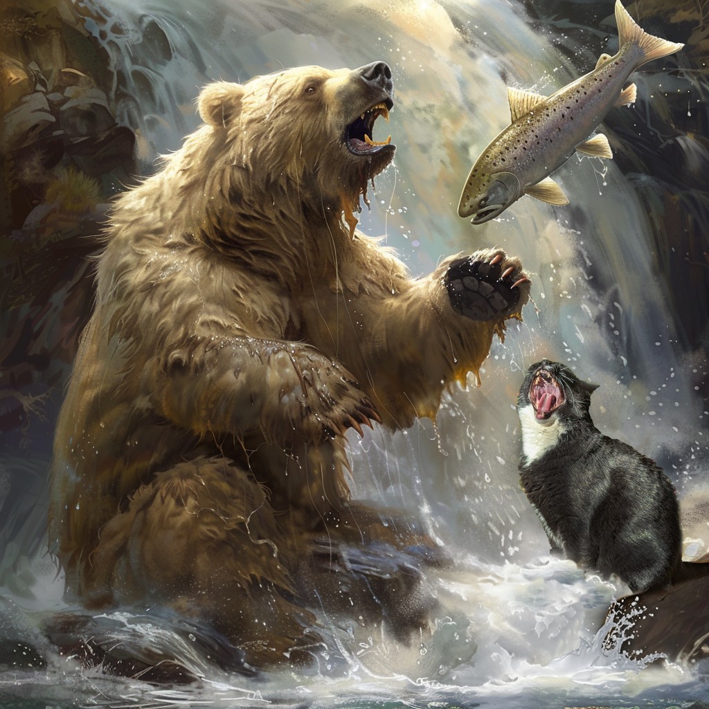 Bear and cat fishing beneath waterfall as salmon leaps, dramatic wildlife scene.