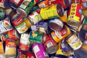 Assorted colorful canned food items