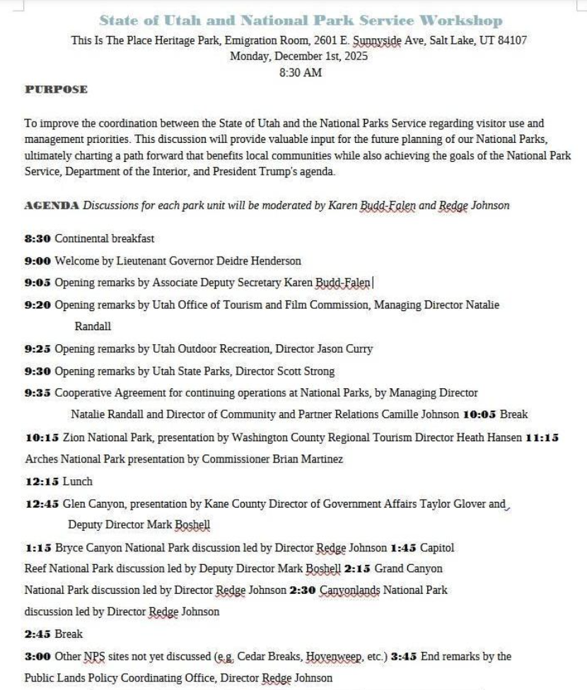 Agenda for Utah and National Park Service Workshop on December 1, 2025, detailing presentations and discussions.