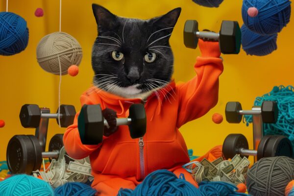 Cat lifting dumbbells in orange hoodie surrounded by yarn balls and money on a yellow background.