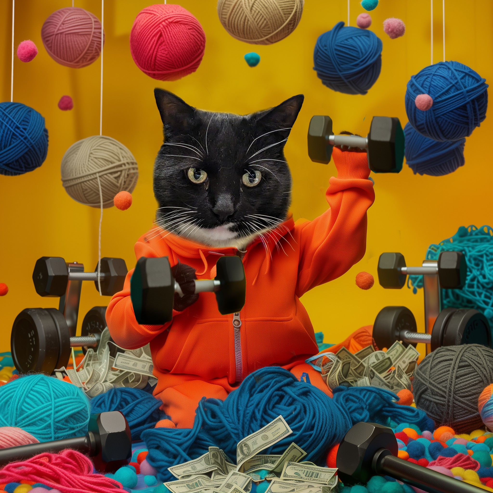 Cat lifting dumbbells in orange hoodie surrounded by yarn balls and money on a yellow background.