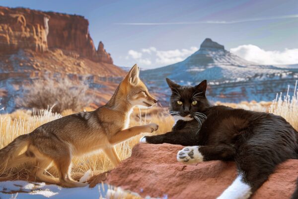 Fox and black cat relaxing on a rock in a desert landscape with mountains in the background.