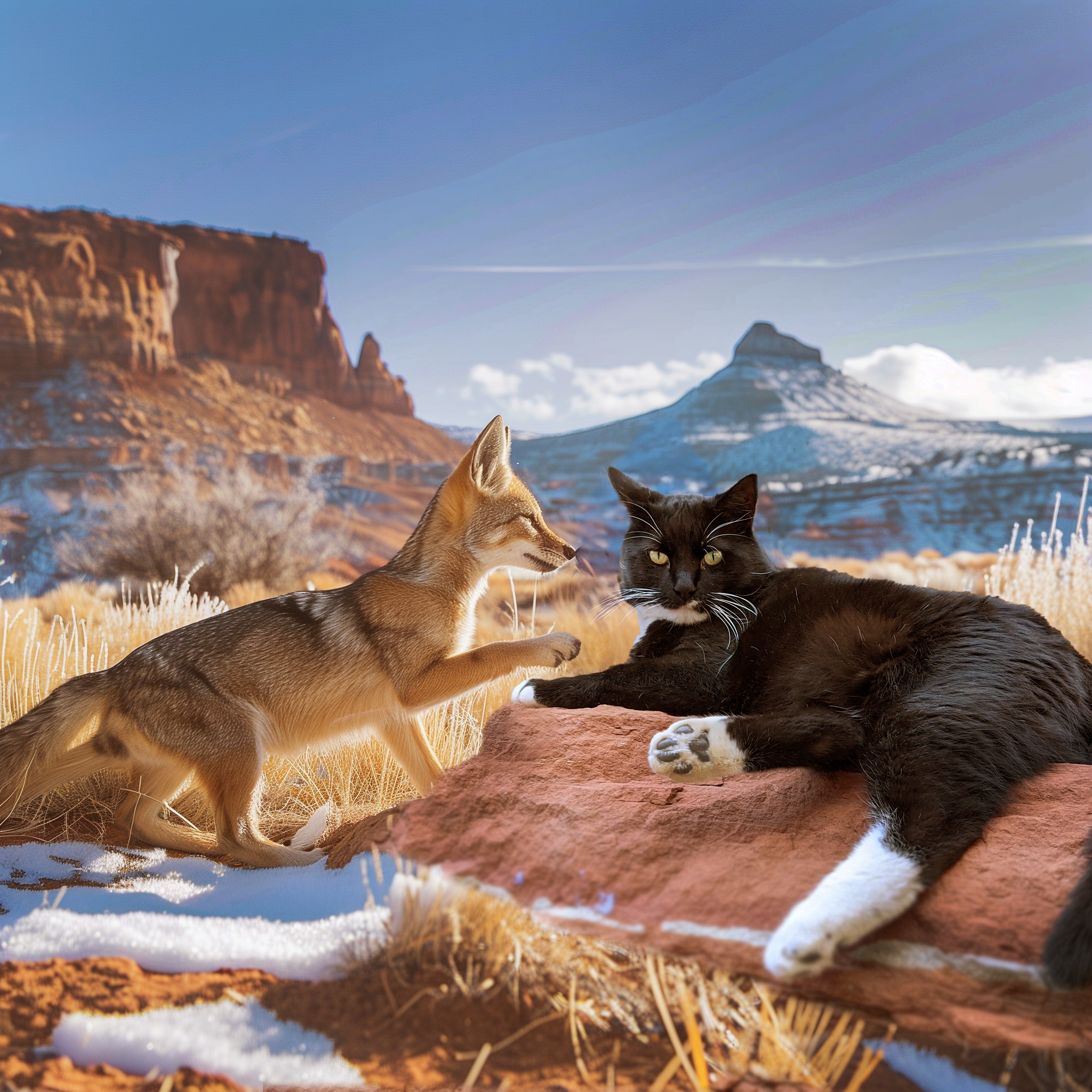 Fox and black cat relaxing on a rock in a desert landscape with mountains in the background.