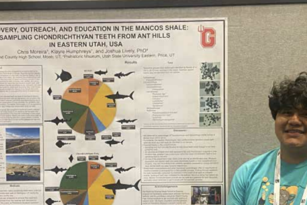 Student presents research on chondrichthyan teeth from ant hills in Utah, with detailed charts and findings.