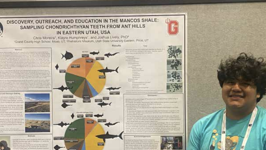 Student presents research on chondrichthyan teeth from ant hills in Utah, with detailed charts and findings.