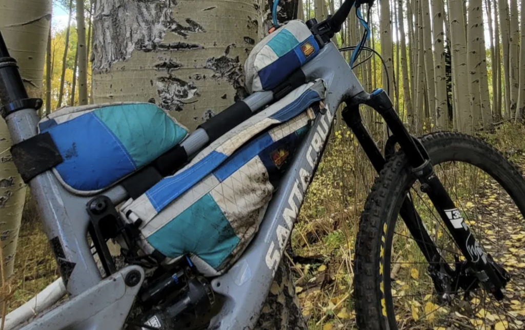 Mountain bike with blue and white frame pack in a forest setting, leaning against a tree.