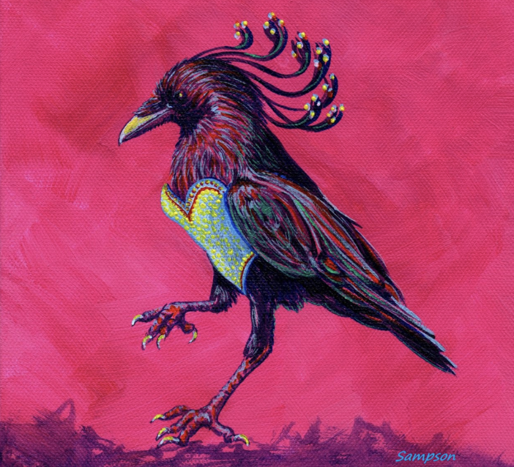 Colorful bird with ornate feathers and vibrant background, striking pose on pink canvas.
