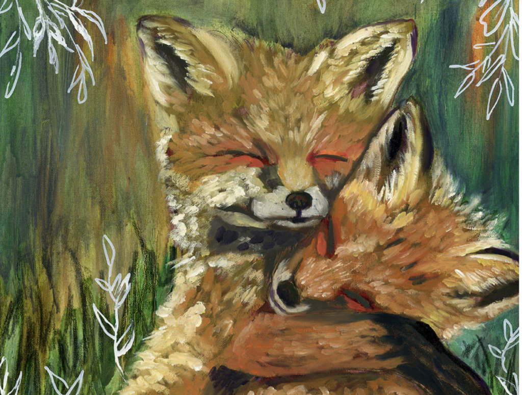 Painting of two foxes cuddling with eyes closed in a forest setting, surrounded by white foliage sketches.