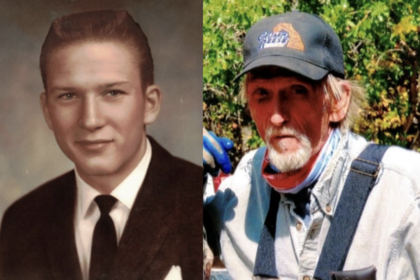 Two side-by-side portraits of the same man: a vintage formal photo and a casual outdoor shot.