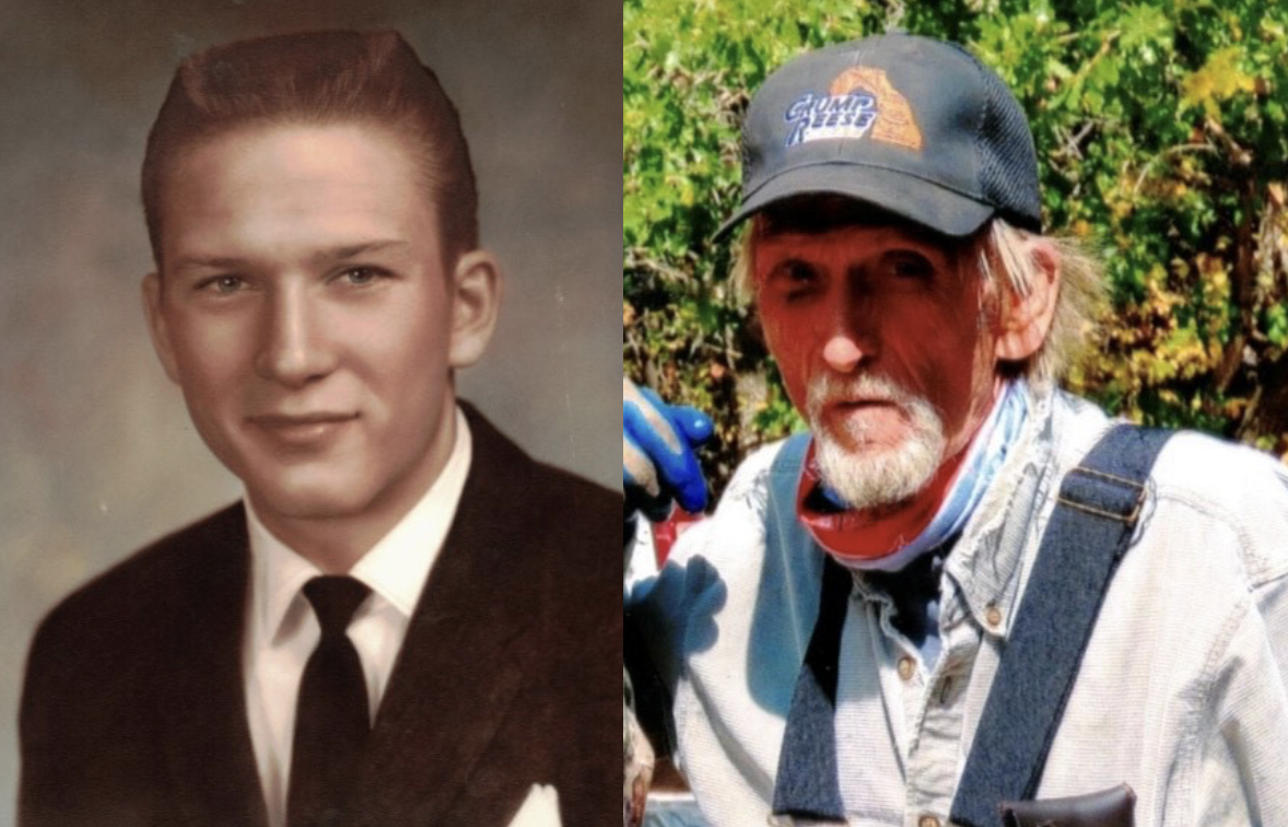 Two side-by-side portraits of the same man: a vintage formal photo and a casual outdoor shot.