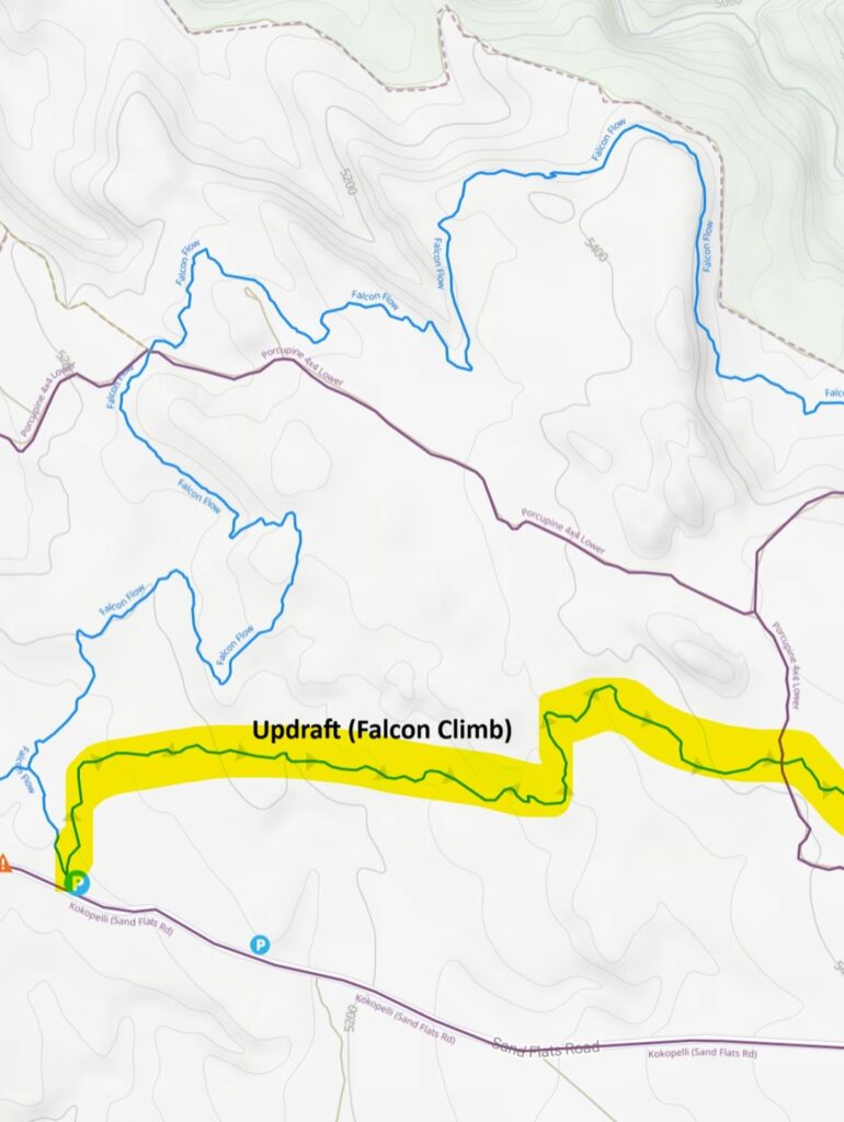 Map highlighting Updraft (Falcon Climb) trail section near Kokopelli Road.