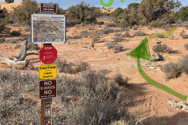 Trailhead sign in desert landscape with text Updraft and Falcon TH. Rocky path surrounded by shrubs under blue sky.