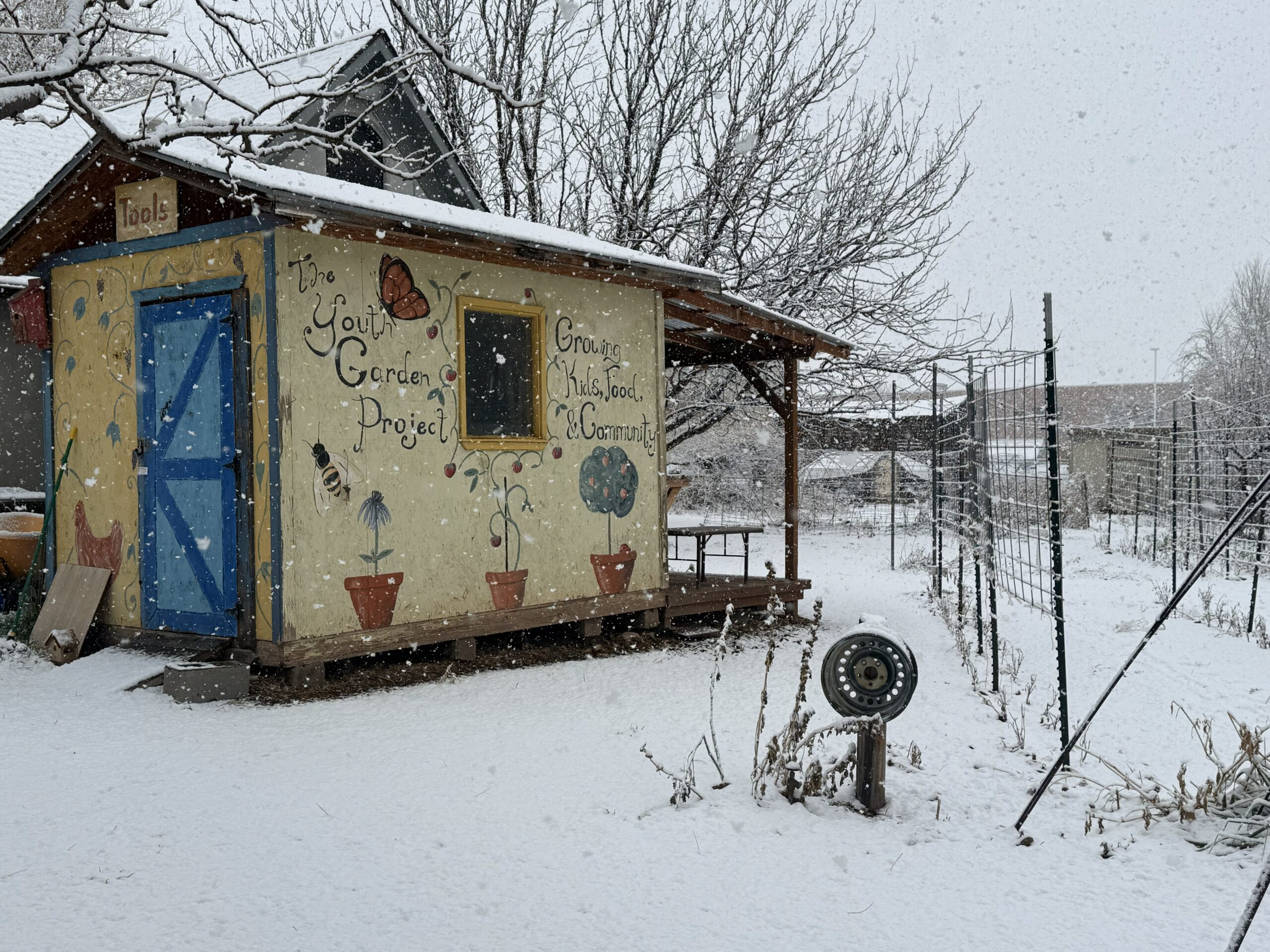 Snowfall at a garden shack with blue door, showcasing Youth Garden Project mural in winter setting.