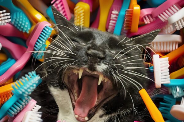 Black and white cat yawning surrounded by colorful toothbrushes, creating a quirky and humorous scene.