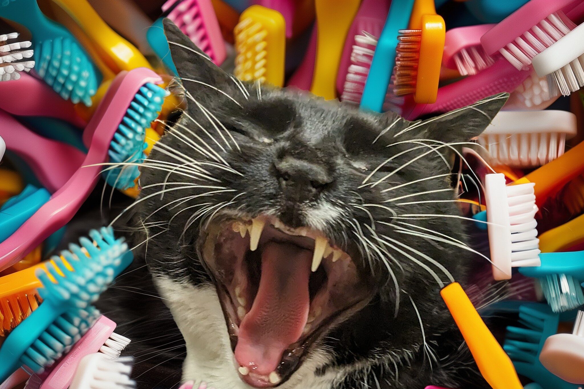 Black and white cat yawning surrounded by colorful toothbrushes, creating a quirky and humorous scene.