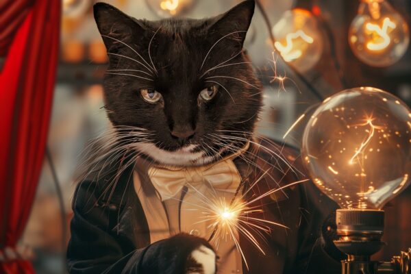 Cat magician in a suit with a glowing sparkler, surrounded by vintage bulbs. Enchanted performance setting.