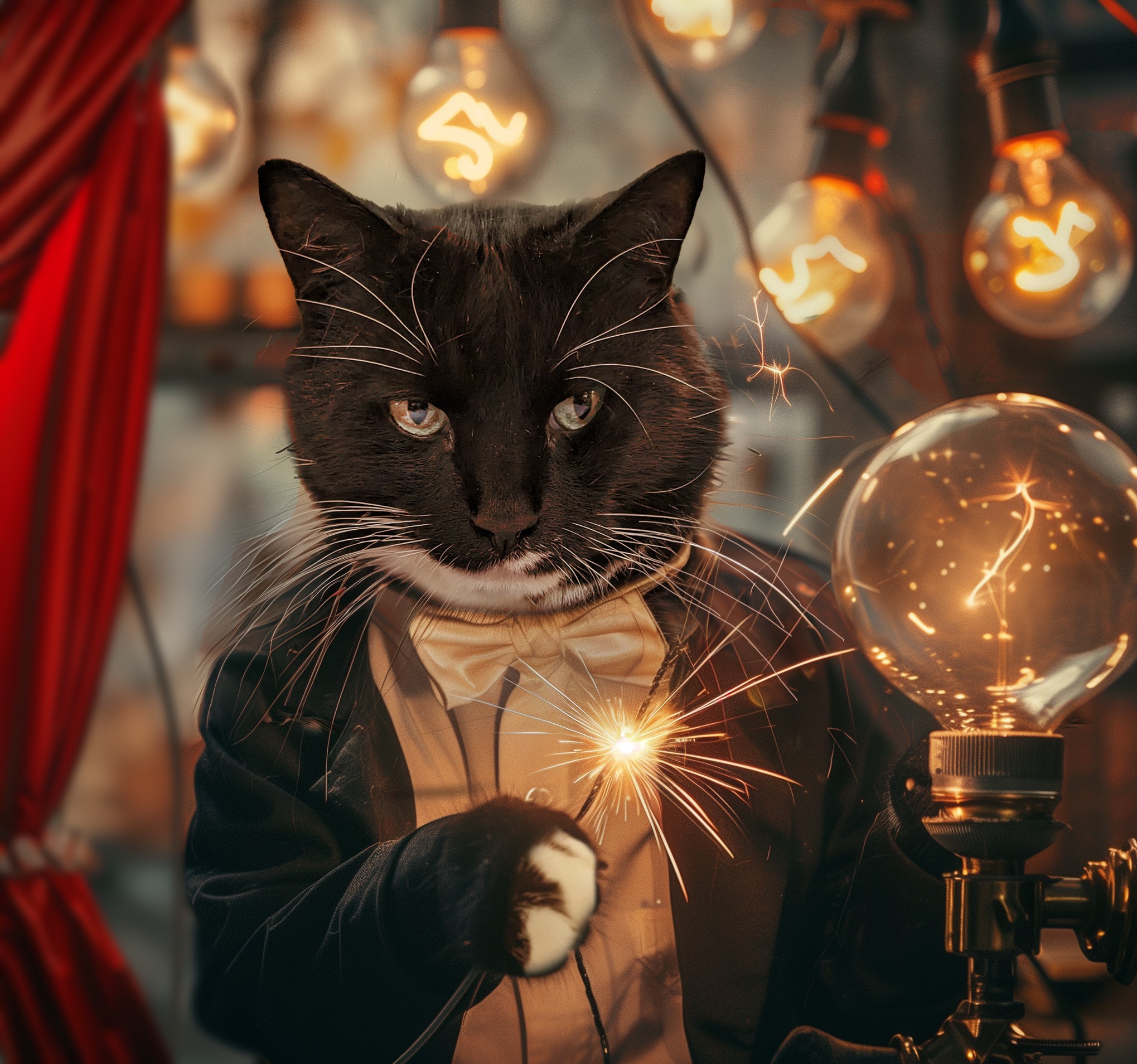 Cat magician in a suit with a glowing sparkler, surrounded by vintage bulbs. Enchanted performance setting.
