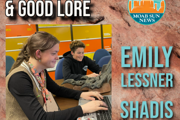 Emily and Shadis discuss 'Nanosaur' project for Moab Sun News, science table meeting.